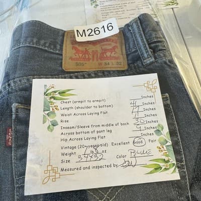 Levis 505 Jeans Mens 34x32 Blue Straight Leg Medium Wash Denim Worn Hem - Thumbnail 10