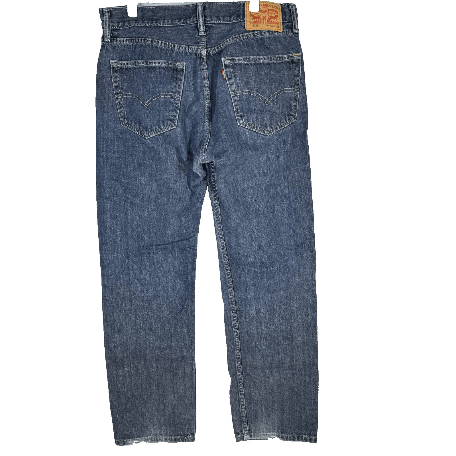 Levis 505 Jeans Mens 34x32 Blue Straight Leg Medium Wash Denim Worn Hem - Thumbnail 2