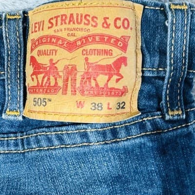 Levis 505 Jeans Mens 38x32 Blue Medium Wash Straight Stretch Denim Zip Fly - Thumbnail 4