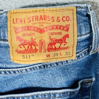 Levis 511 Jeans Mens 34x32 Blue Light Wash Slim Tapered Stretch Denim Zip Fly - Thumbnail 5