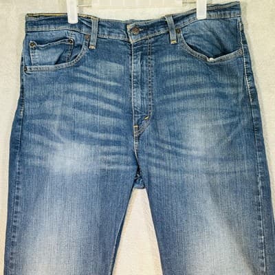 Levis 505 Jeans Mens 38x32 Blue Medium Wash Straight Stretch Denim Zip Fly - Thumbnail 3