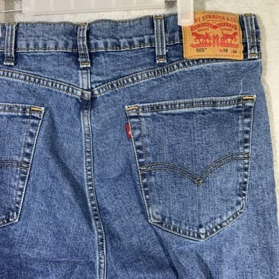 Levis 505 Jeans Mens 36x33 (38x34) Blue Medium Wash Straight Leg Denim Stretch - Thumbnail 7