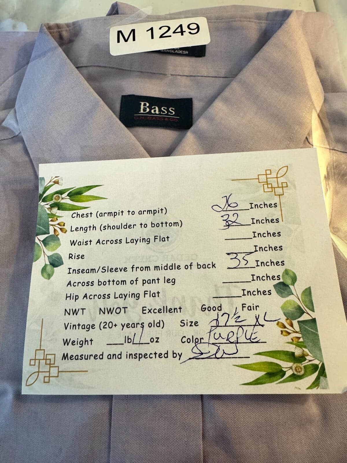 G.H. Bass & Co. Men’s Dress Shirt XL 17-17.5 Purple Wrinkle Free Cotton Long Slv - Thumbnail 9