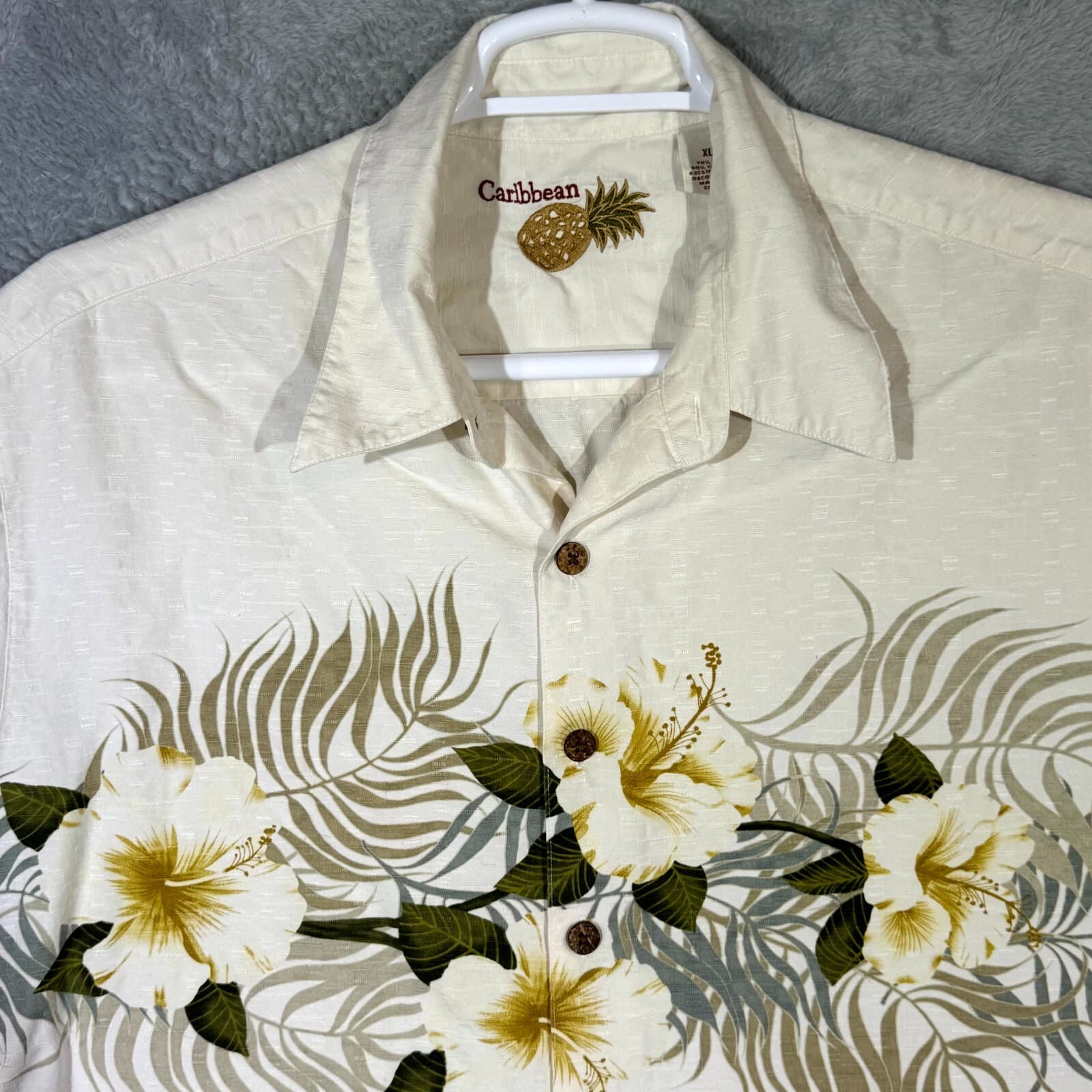 Caribbean Men’s Shirt XLT Cream Floral Silk Cotton Short Sleeve Casual Button-Up - Thumbnail 4