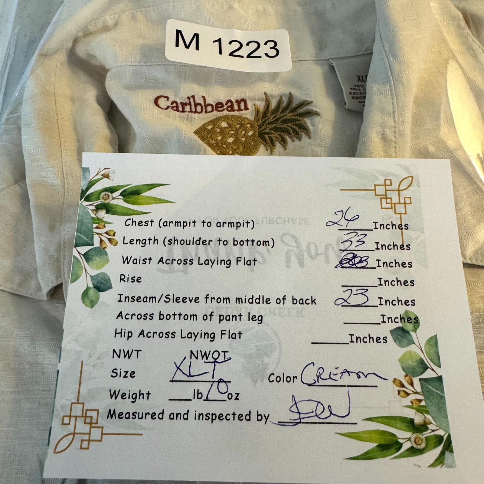 Caribbean Men’s Shirt XLT Cream Floral Silk Cotton Short Sleeve Casual Button-Up - Thumbnail 9