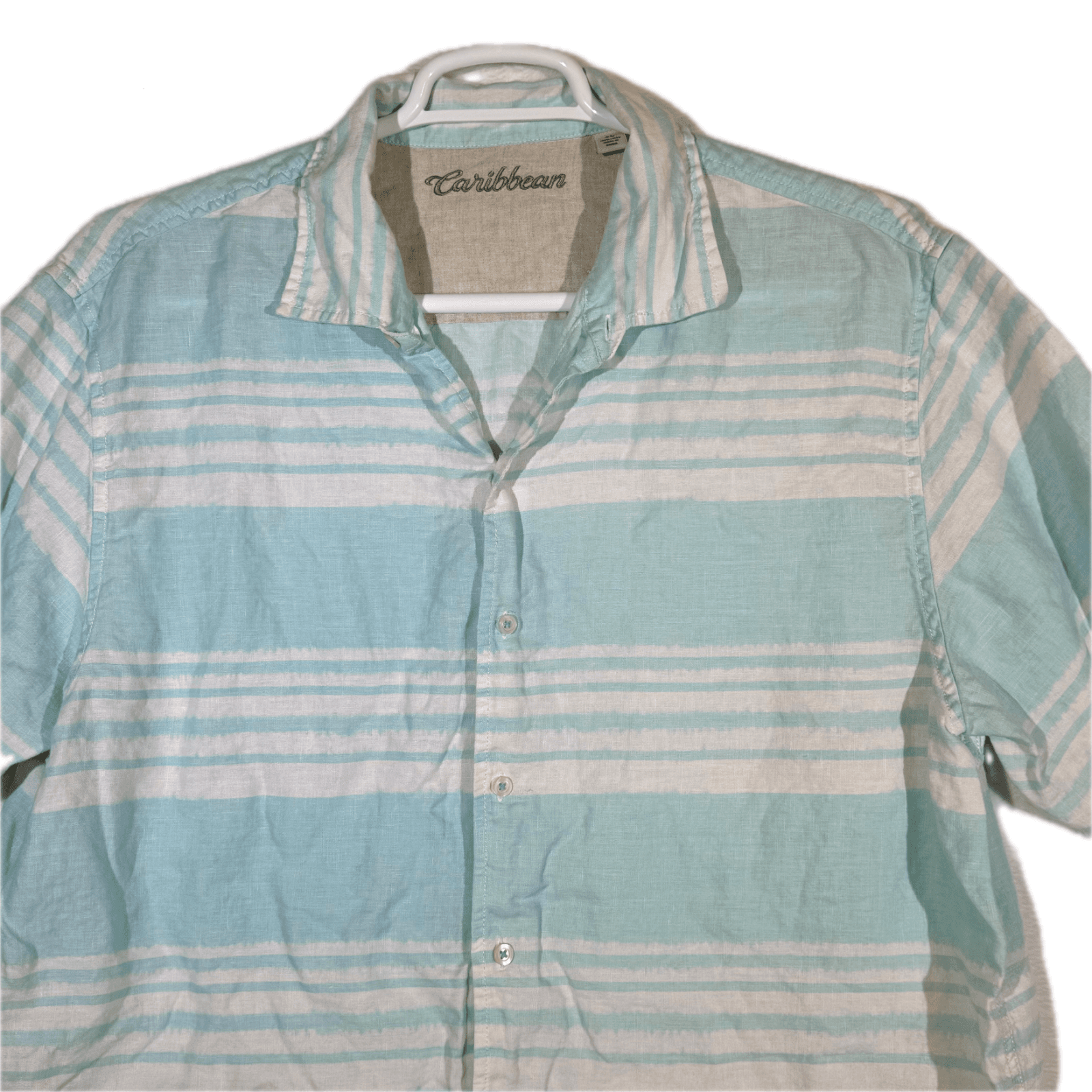 Caribbean Men’s XL Light Blue Striped Linen Hawaiian Shirt – 100% Linen, M559 - Thumbnail 3