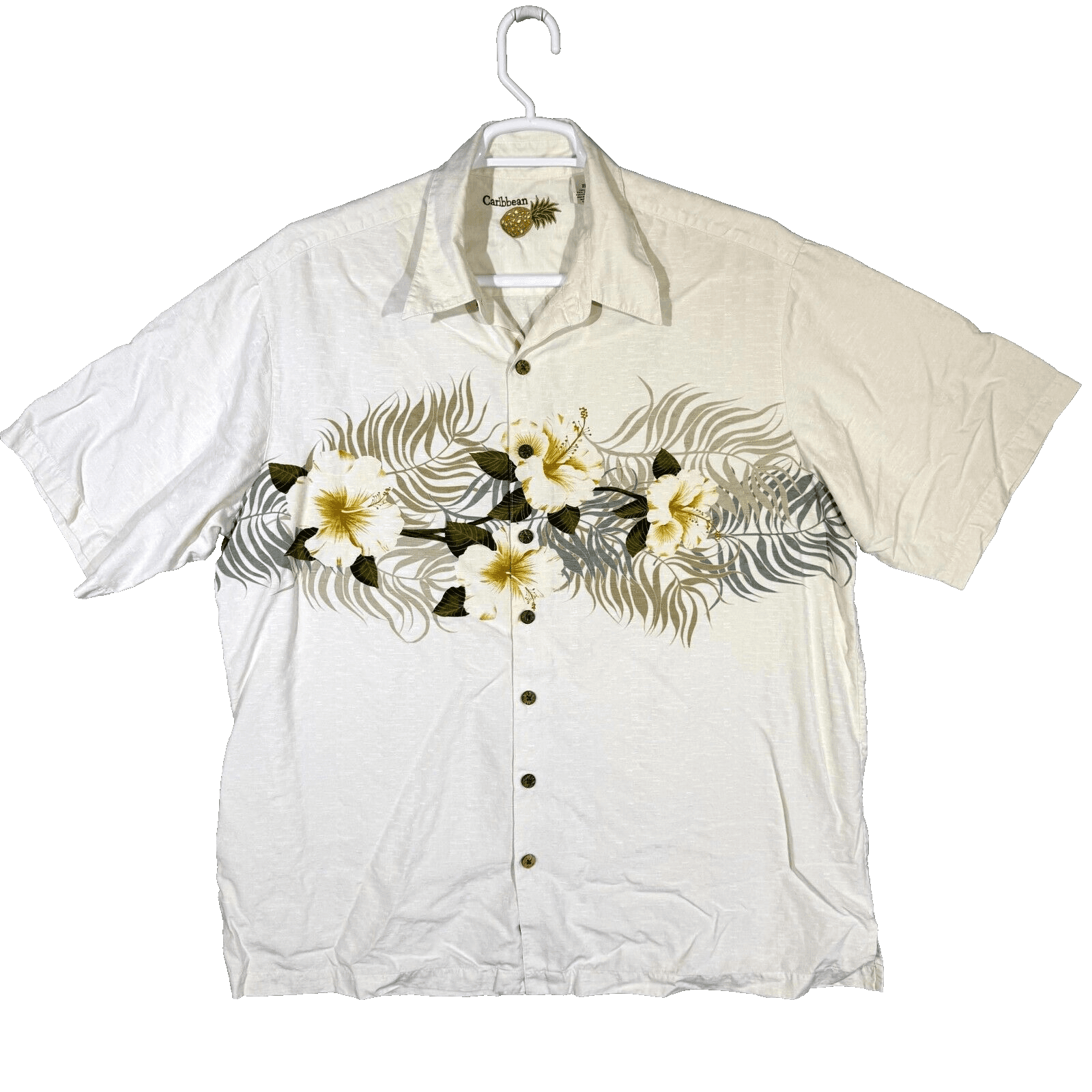 Caribbean Men’s Shirt XLT Cream Floral Silk Cotton Short Sleeve Casual Button-Up - Image 1
