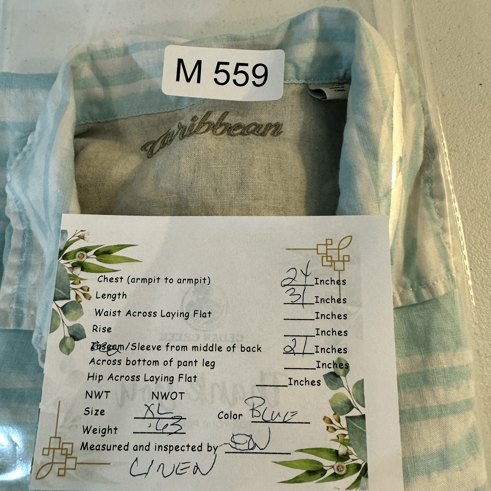 Caribbean Men’s XL Light Blue Striped Linen Hawaiian Shirt – 100% Linen, M559 - Thumbnail 8