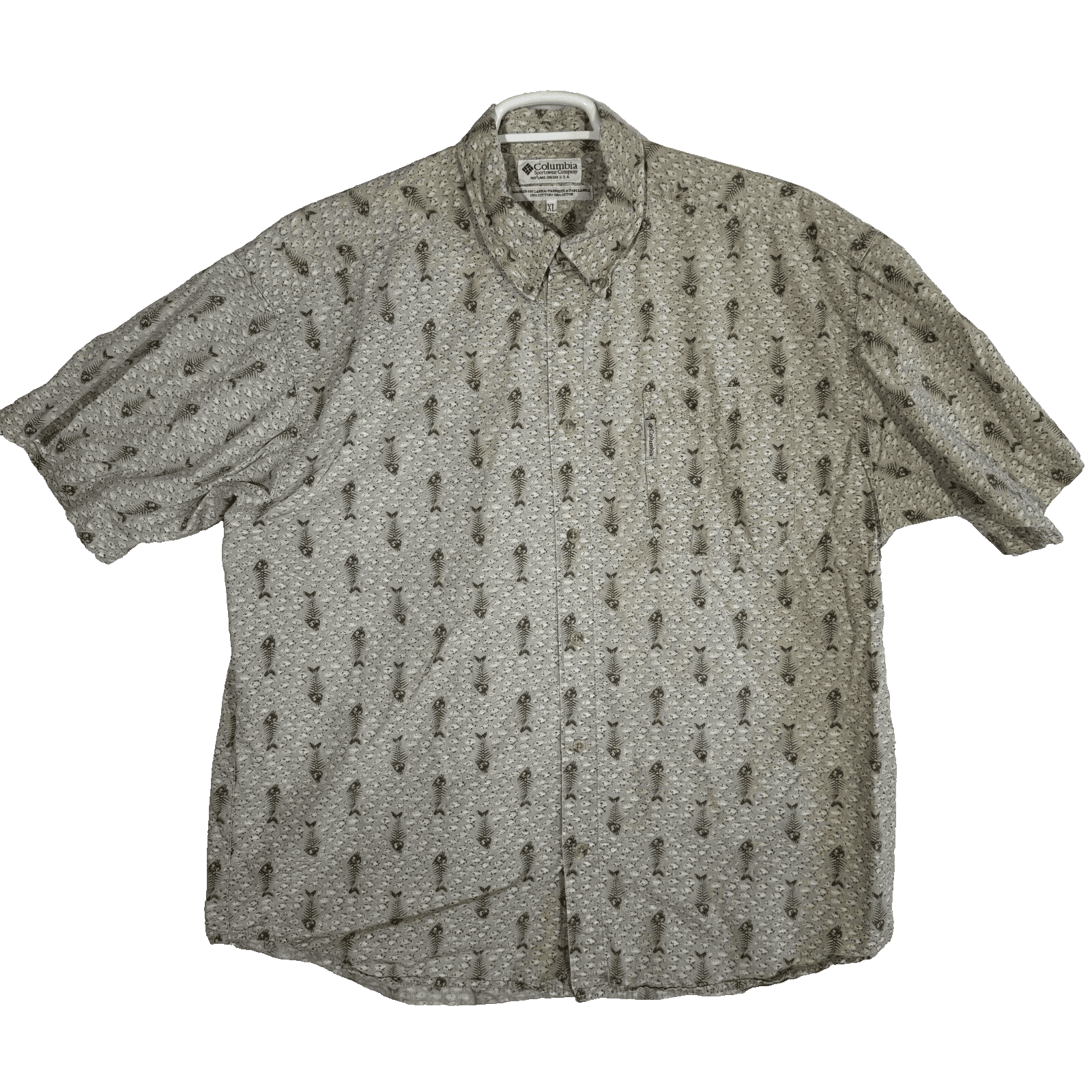 Columbia Men’s XL Brown Fish Skull Print Short-Sleeve Button-Down Shirt M592 - Image 1