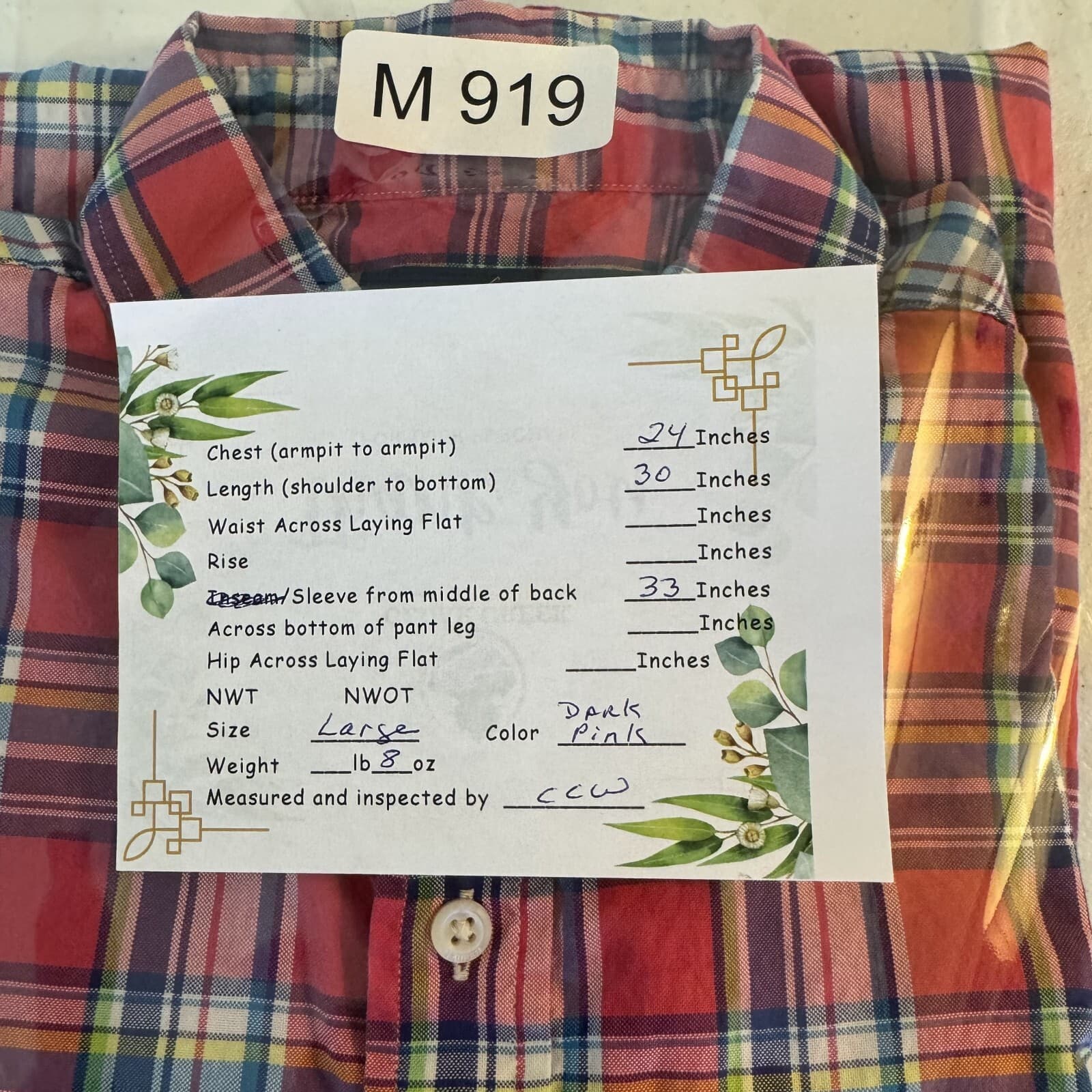 Ralph Lauren Shirt Mens Large Pink Blue Plaid 100% Cotton Button Down Long Slv - Thumbnail 8