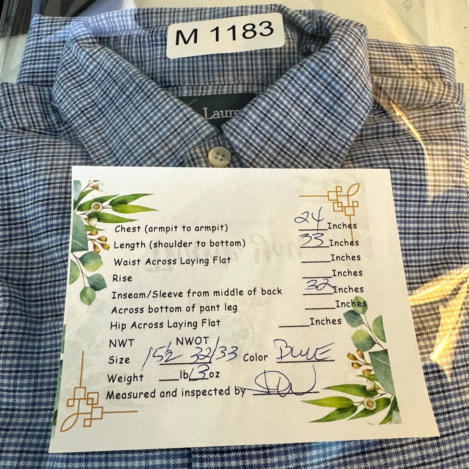 Ralph Lauren Yarmouth Dress Shirt 15.5x32-33 Mens Blue Houndstooth Cotton - Thumbnail 8