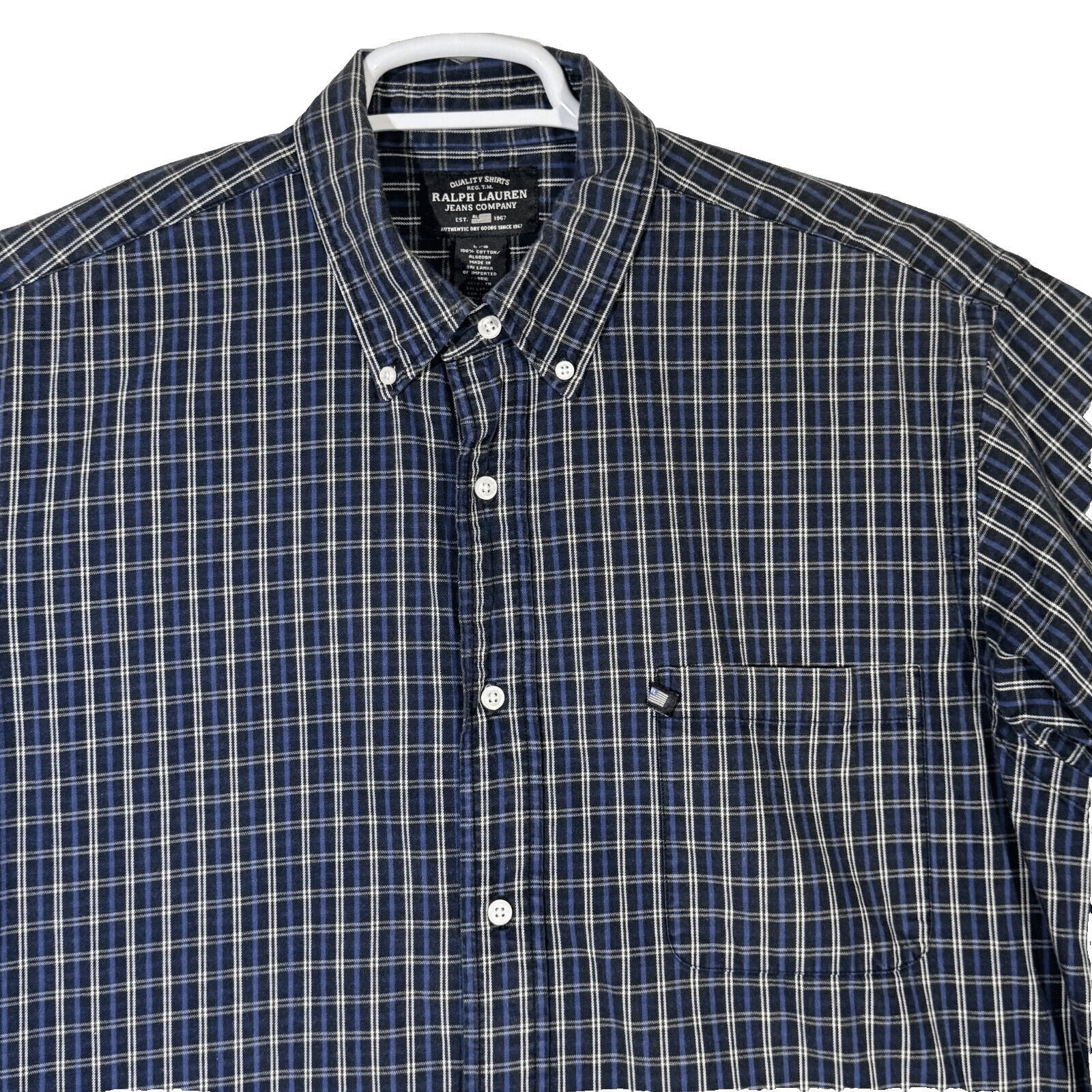 Ralph Lauren Jeans Co Shirt Mens Large Blue Plaid 100% Cotton Button Down - Thumbnail 4