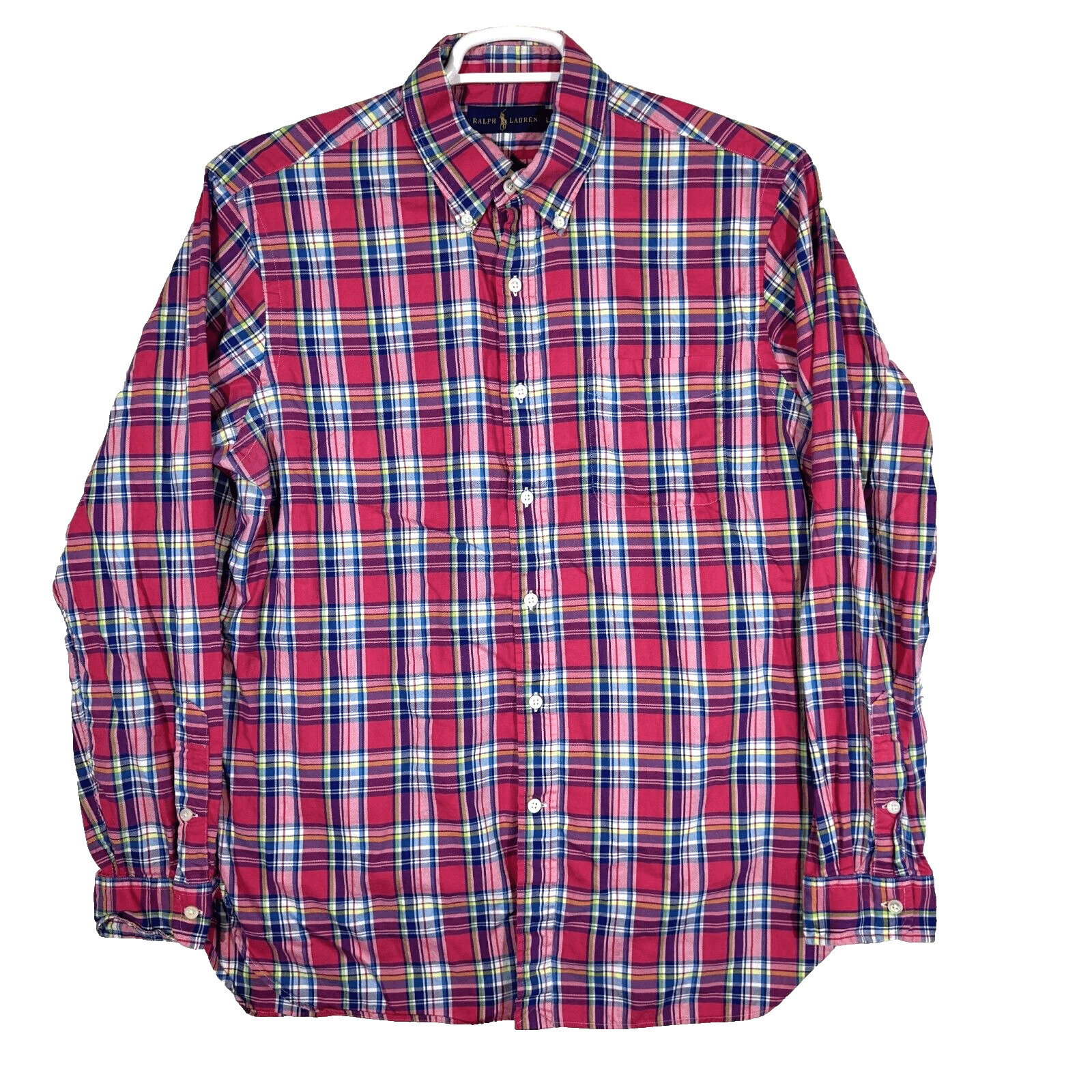 Ralph Lauren Shirt Mens Large Pink Blue Plaid 100% Cotton Button Down Long Slv - Image 1