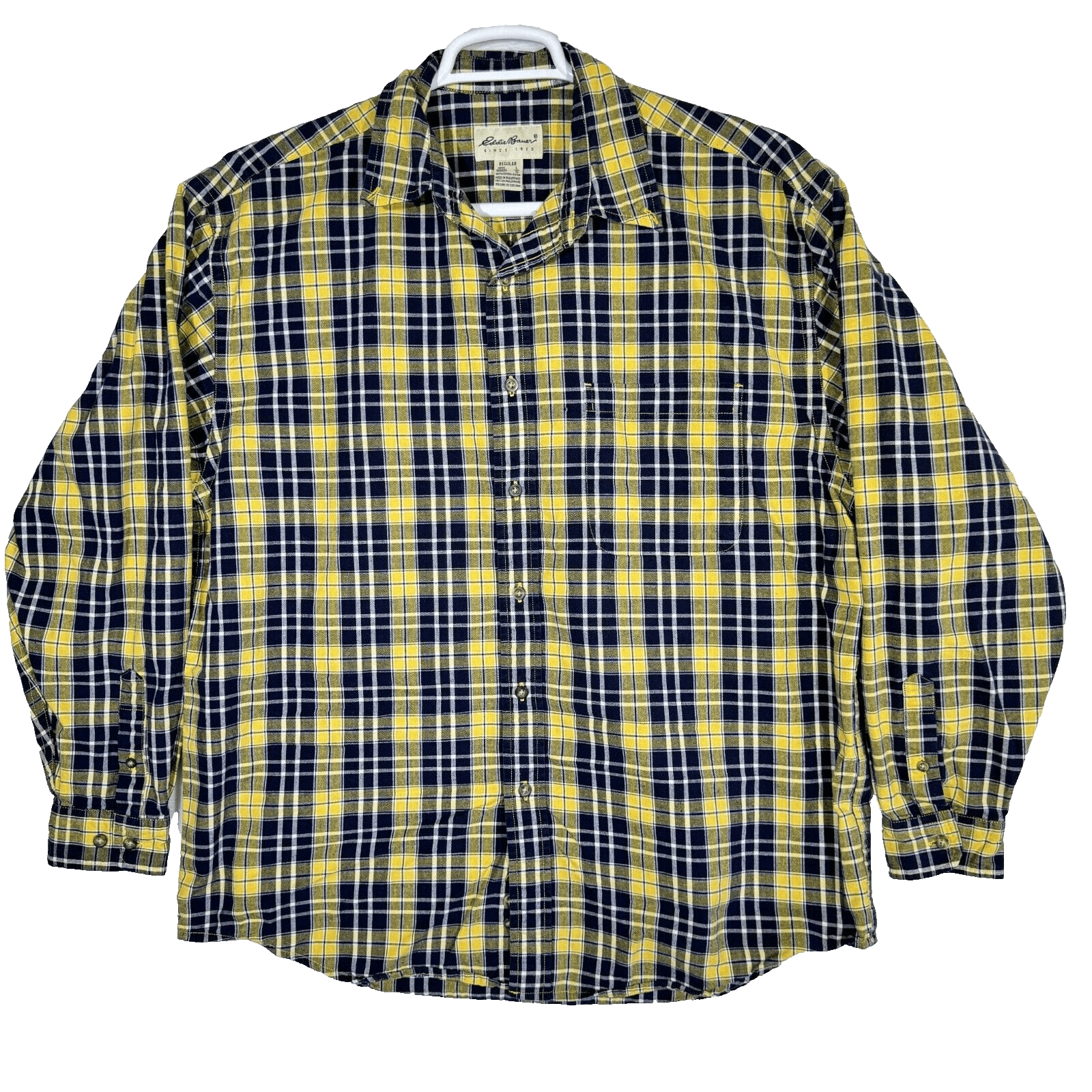 Eddie Bauer Men’s Black & Yellow Plaid Cotton Button-Down Shirt L – Sportsman - Image 1