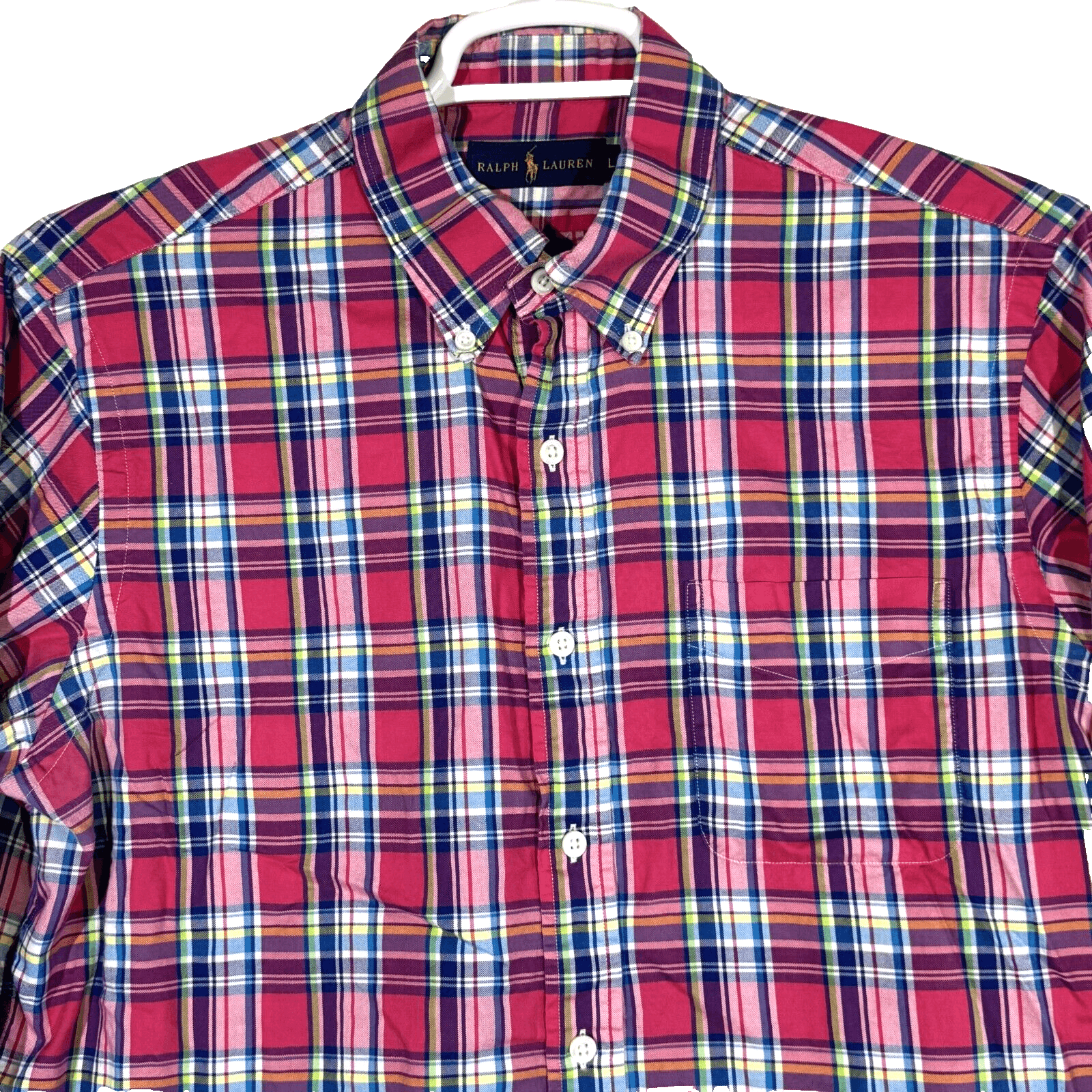 Ralph Lauren Shirt Mens Large Pink Blue Plaid 100% Cotton Button Down Long Slv - Thumbnail 4