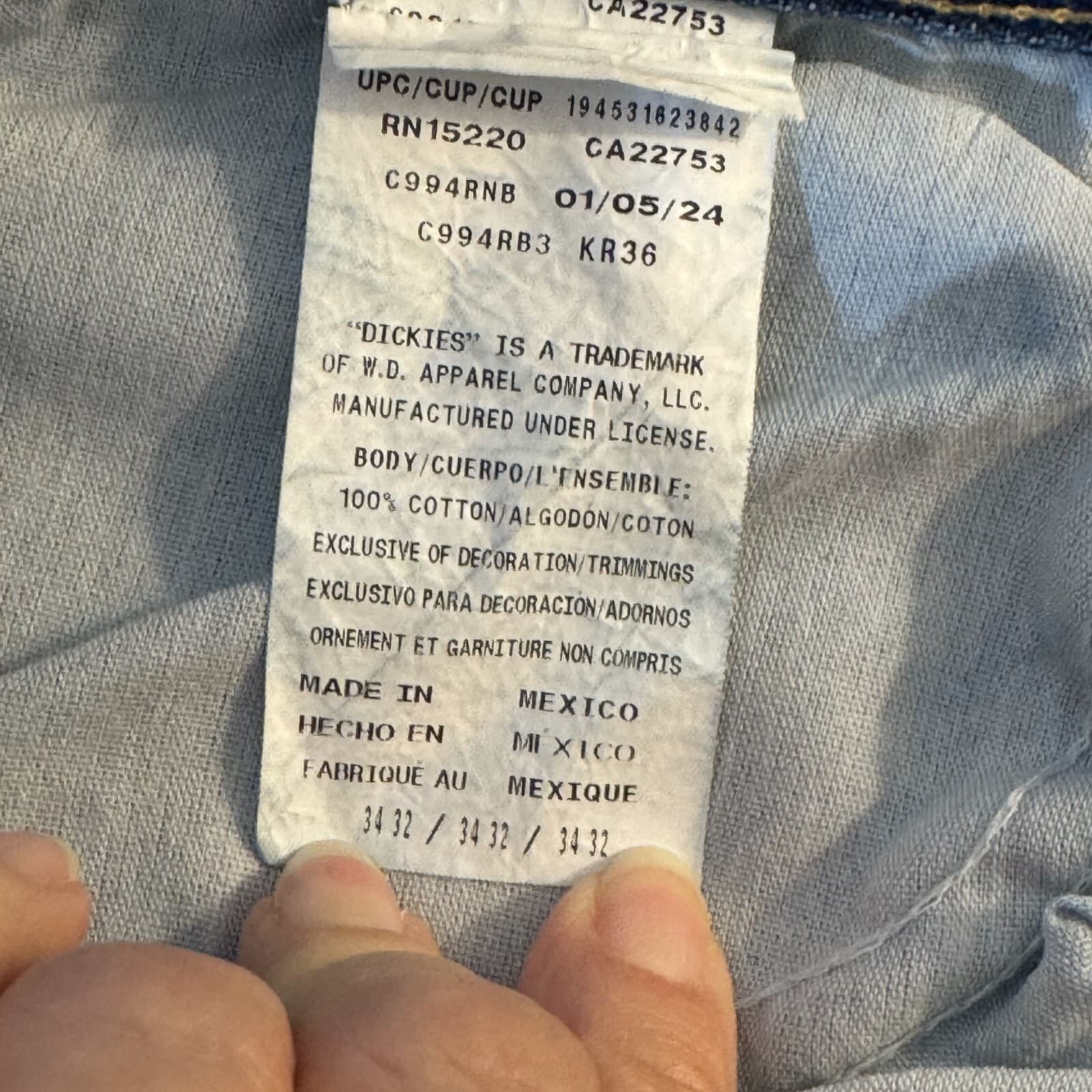 Dickies Jeans Mens 34x32 Blue Denim 100% Cotton Straight Leg Workwear - Thumbnail 7