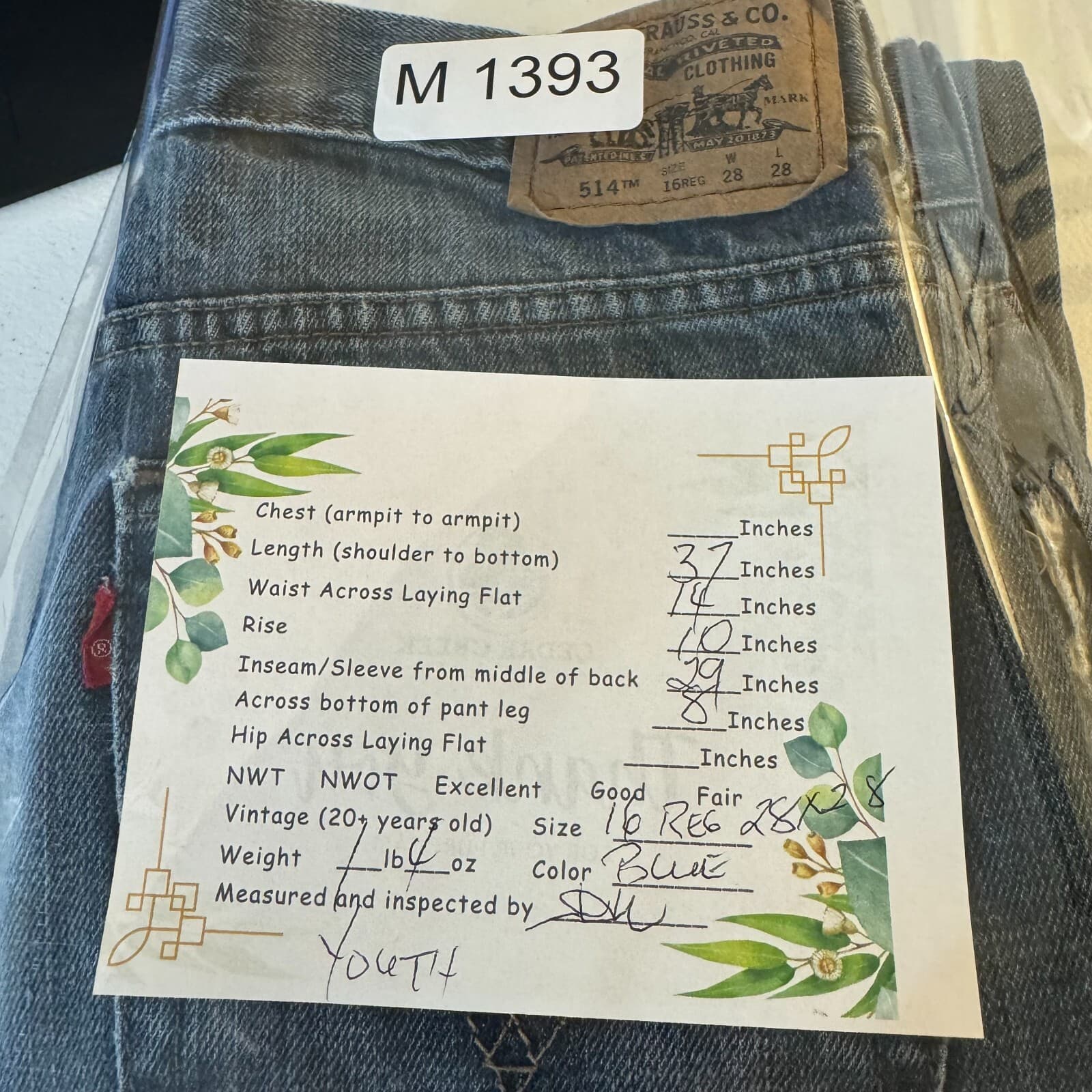 Levi's 514 Boy's Jeans 16 Reg 28 X 28 Blue Denim Cotton Mid-Rise Straight M1393 - Thumbnail 9