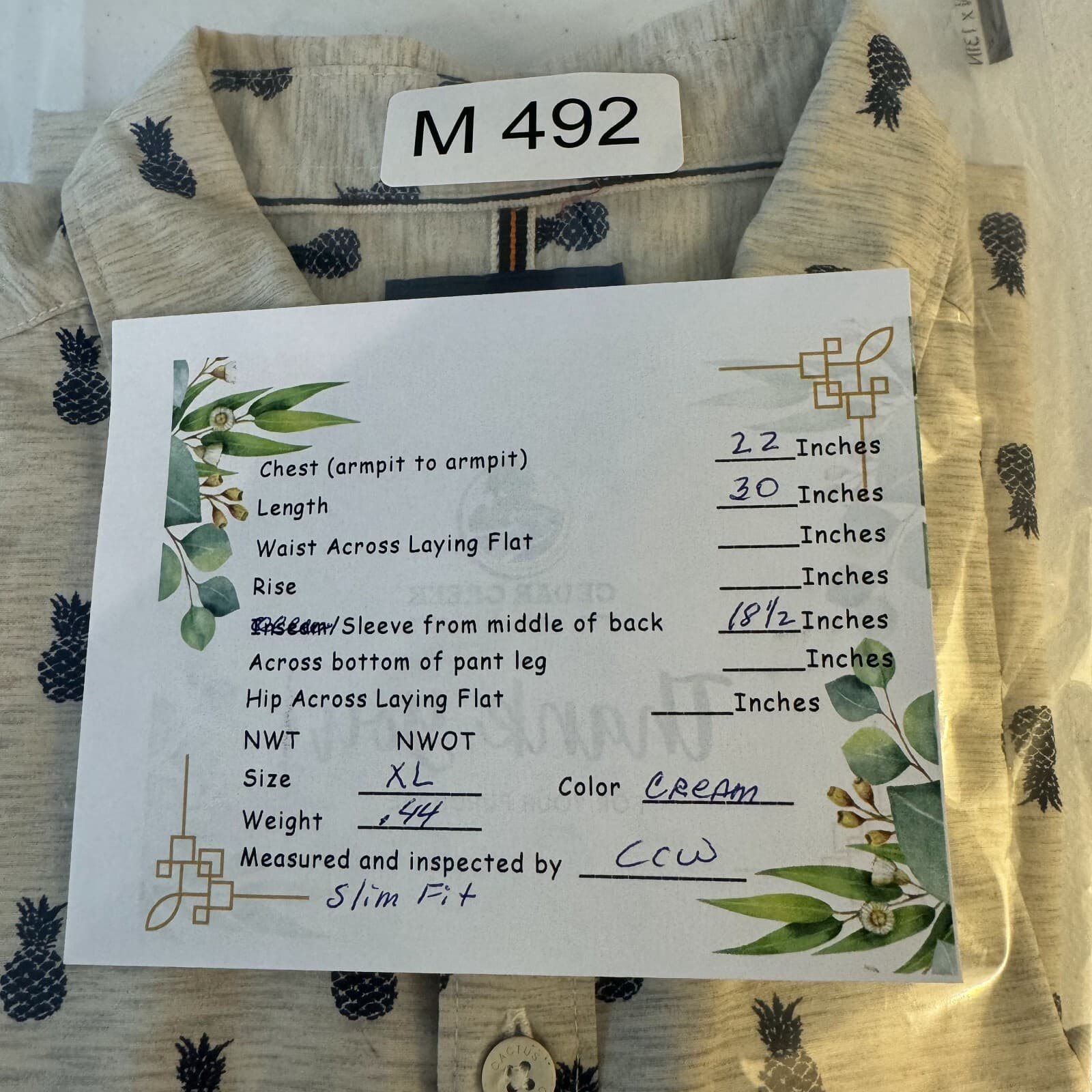 Cactus Man Men's Shirt XL Cream Pineapple Print Cotton Slim Fit Button-Up M492 - Thumbnail 8