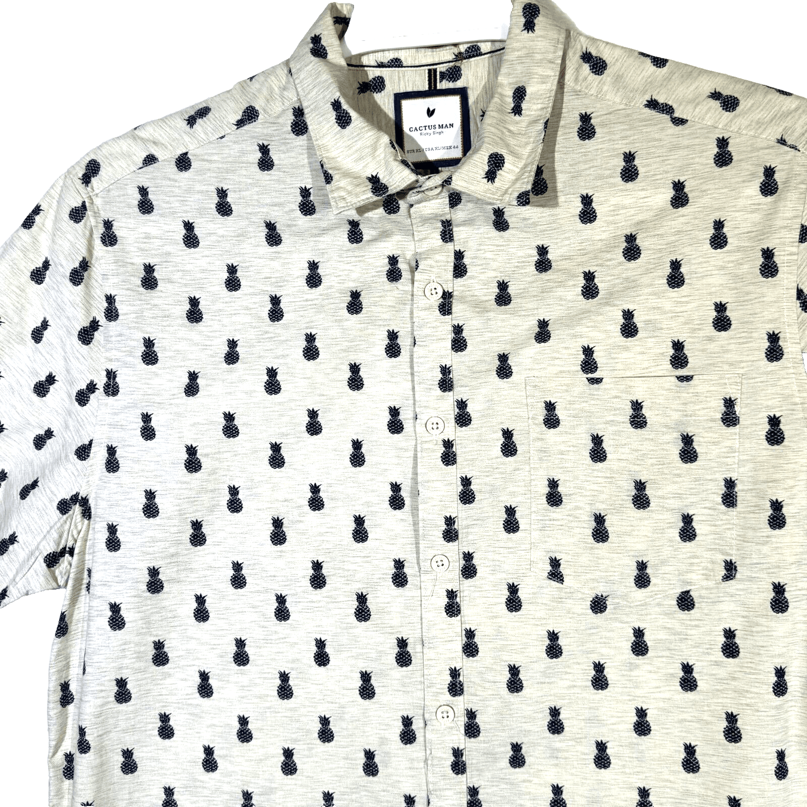Cactus Man Men's Shirt XL Cream Pineapple Print Cotton Slim Fit Button-Up M492 - Thumbnail 5
