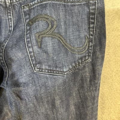 Rock & Republic Jeans Mens 32x33 (Size 34) Blue Straight Leg Skull Denim - Thumbnail 4