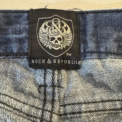 Rock & Republic Jeans Mens 32x33 (Size 34) Blue Straight Leg Skull Denim - Thumbnail 6