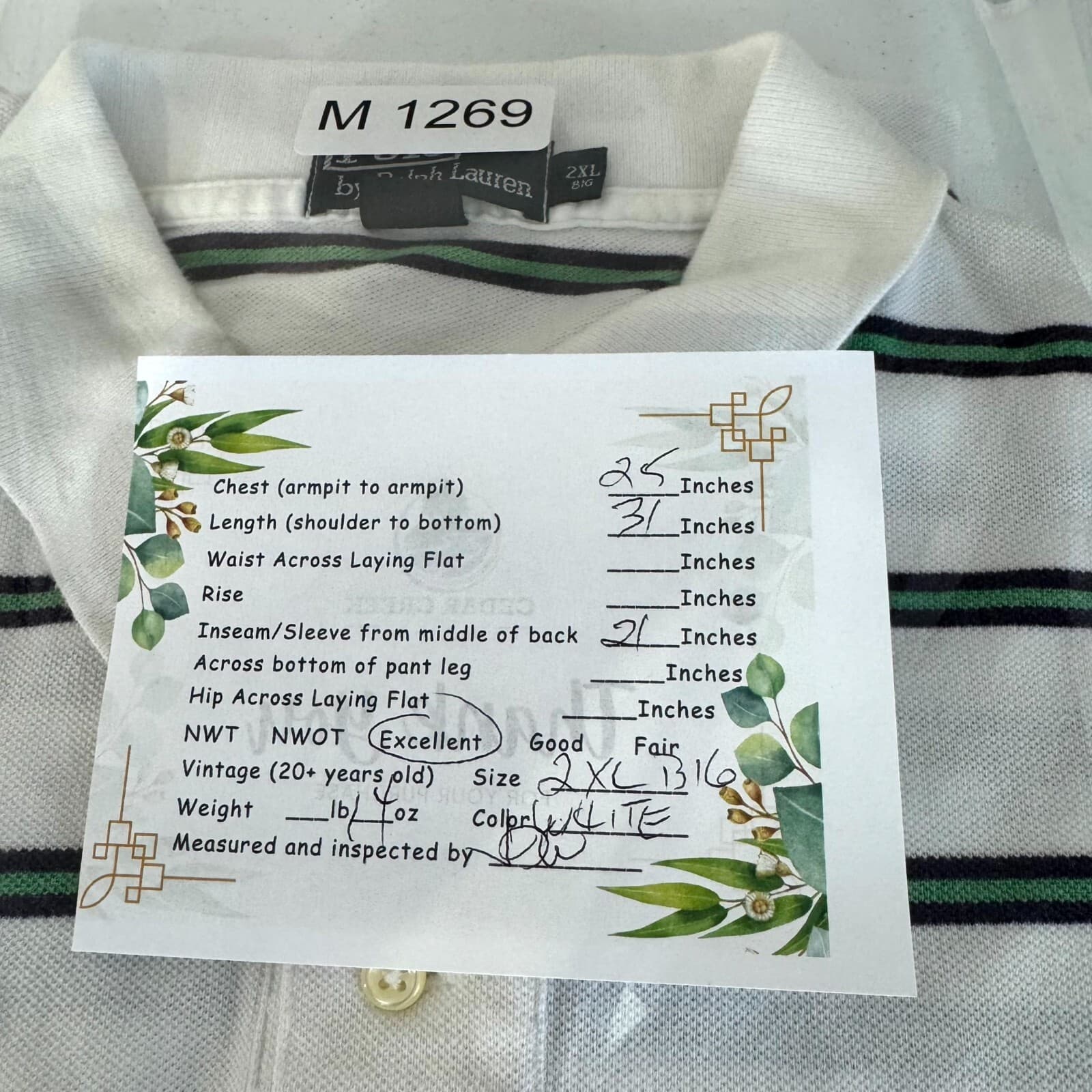 Polo Ralph Lauren Polo Shirt Men 2XL White Green Stripe Short Sleeve Cotton - Thumbnail 9
