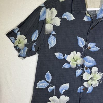 Tommy Bahama Shirt Mens Large Gray Blue Silk Floral Hawaiian Camp Button Front - Thumbnail 3