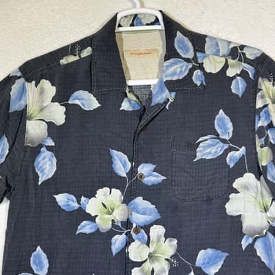 Tommy Bahama Shirt Mens Large Gray Blue Silk Floral Hawaiian Camp Button Front - Thumbnail 4