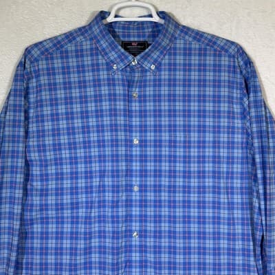 Vineyard Vines Shirt Mens 2XL Blue Plaid Classic Fit Murray Performance Stretch - Thumbnail 4
