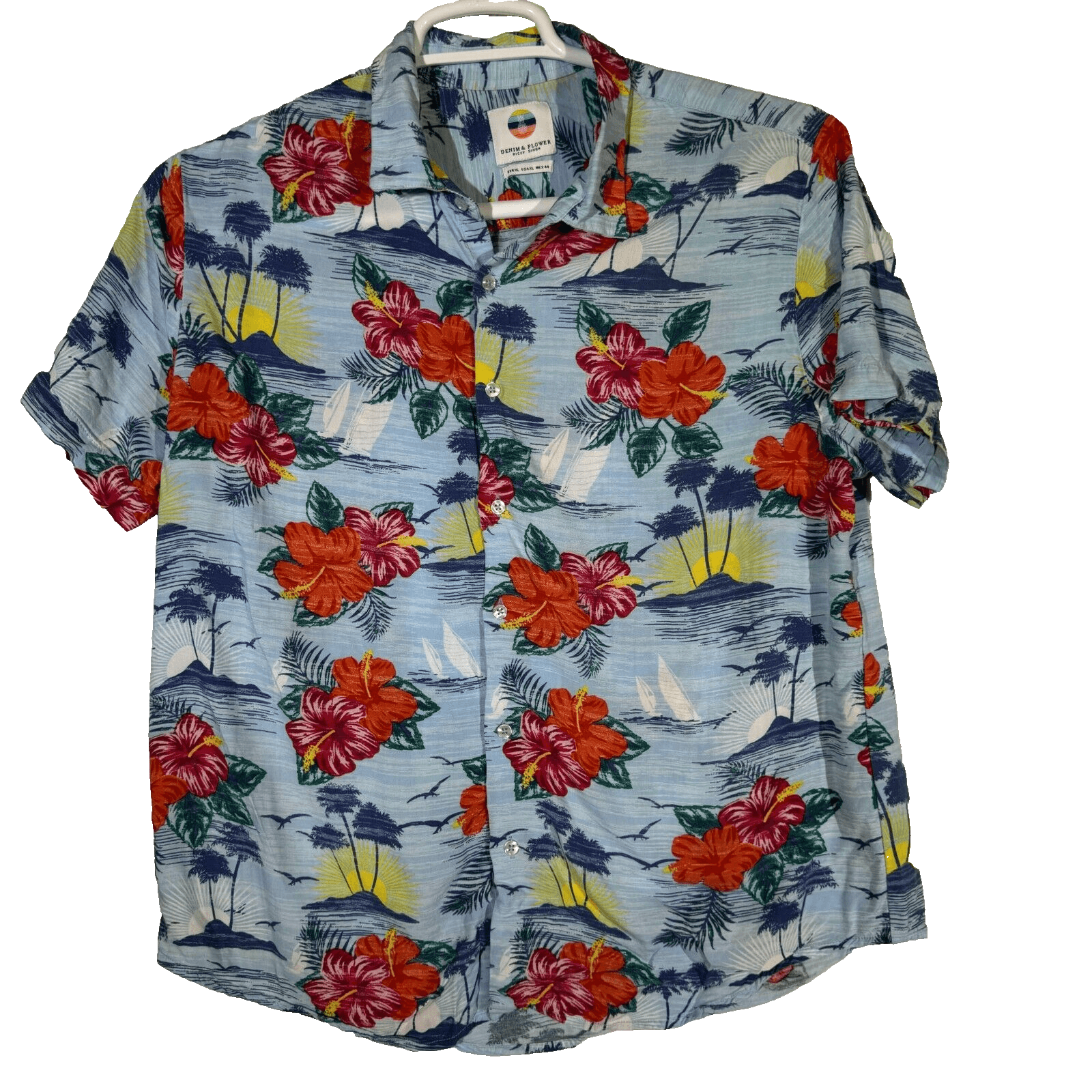 Denim & Flower Shirt Men's XL Hawaiian Multi Floral Short Sleeve Cotton Casual - Image 1