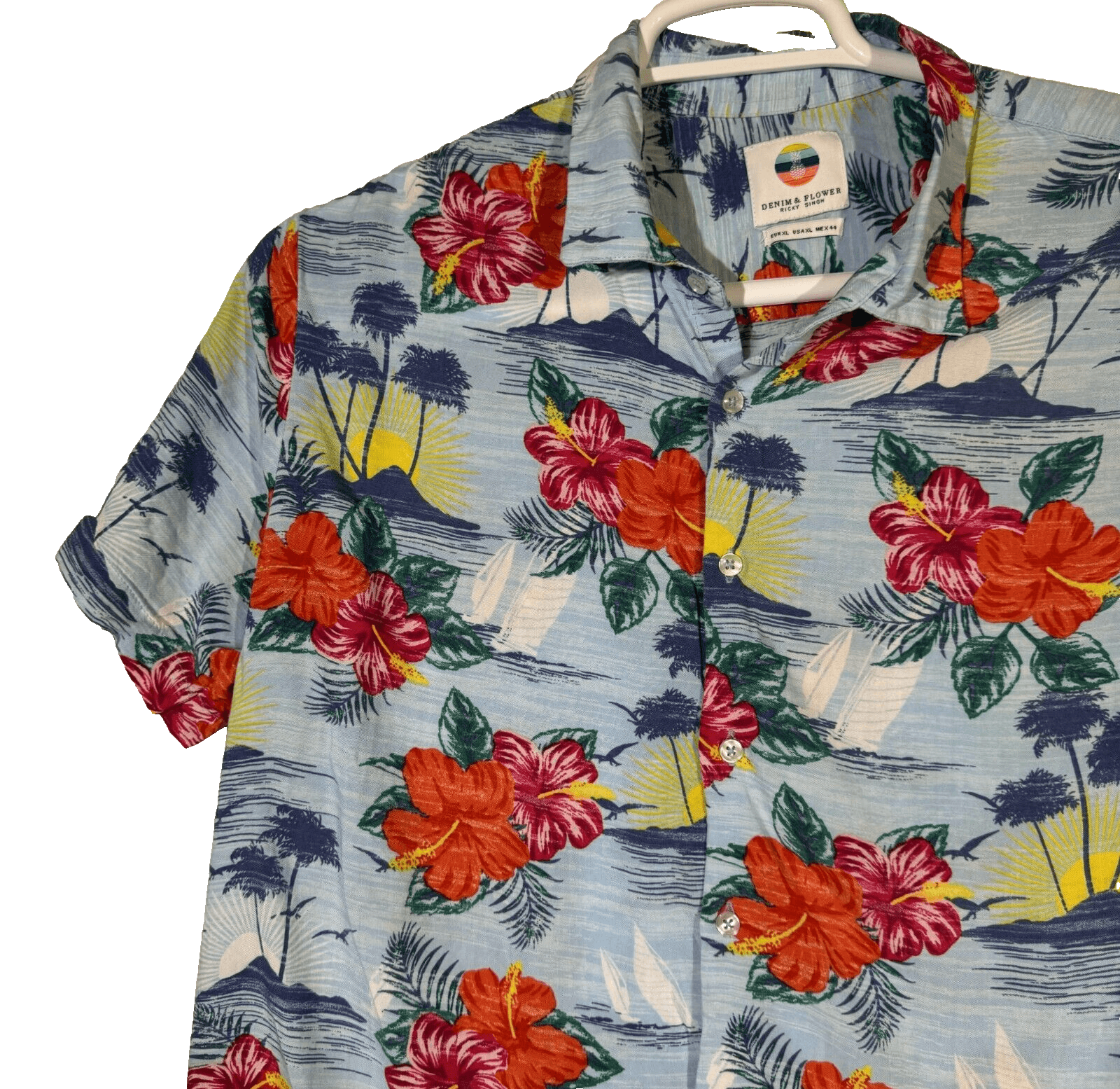 Denim & Flower Shirt Men's XL Hawaiian Multi Floral Short Sleeve Cotton Casual - Thumbnail 4
