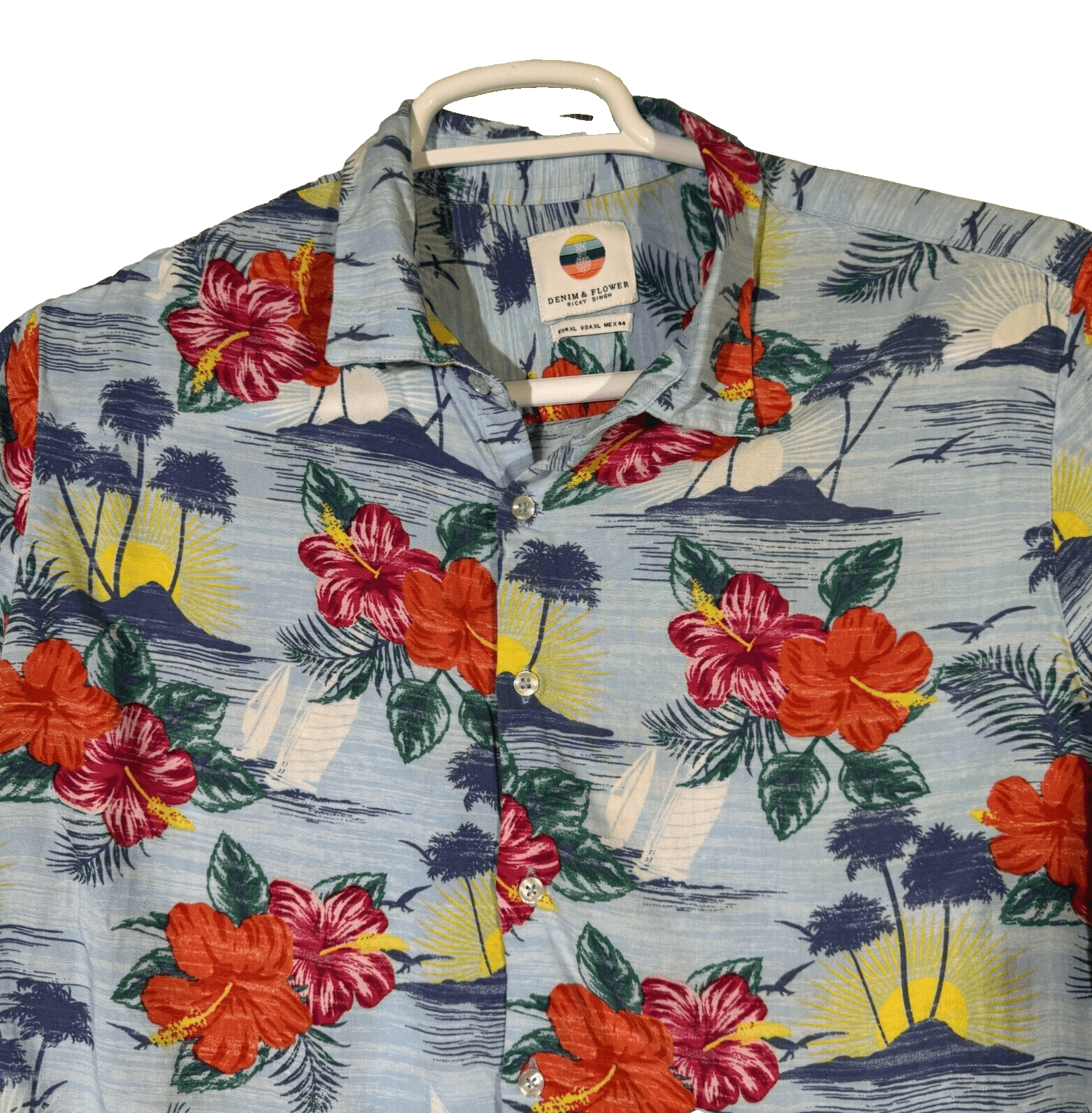 Denim & Flower Shirt Men's XL Hawaiian Multi Floral Short Sleeve Cotton Casual - Thumbnail 5