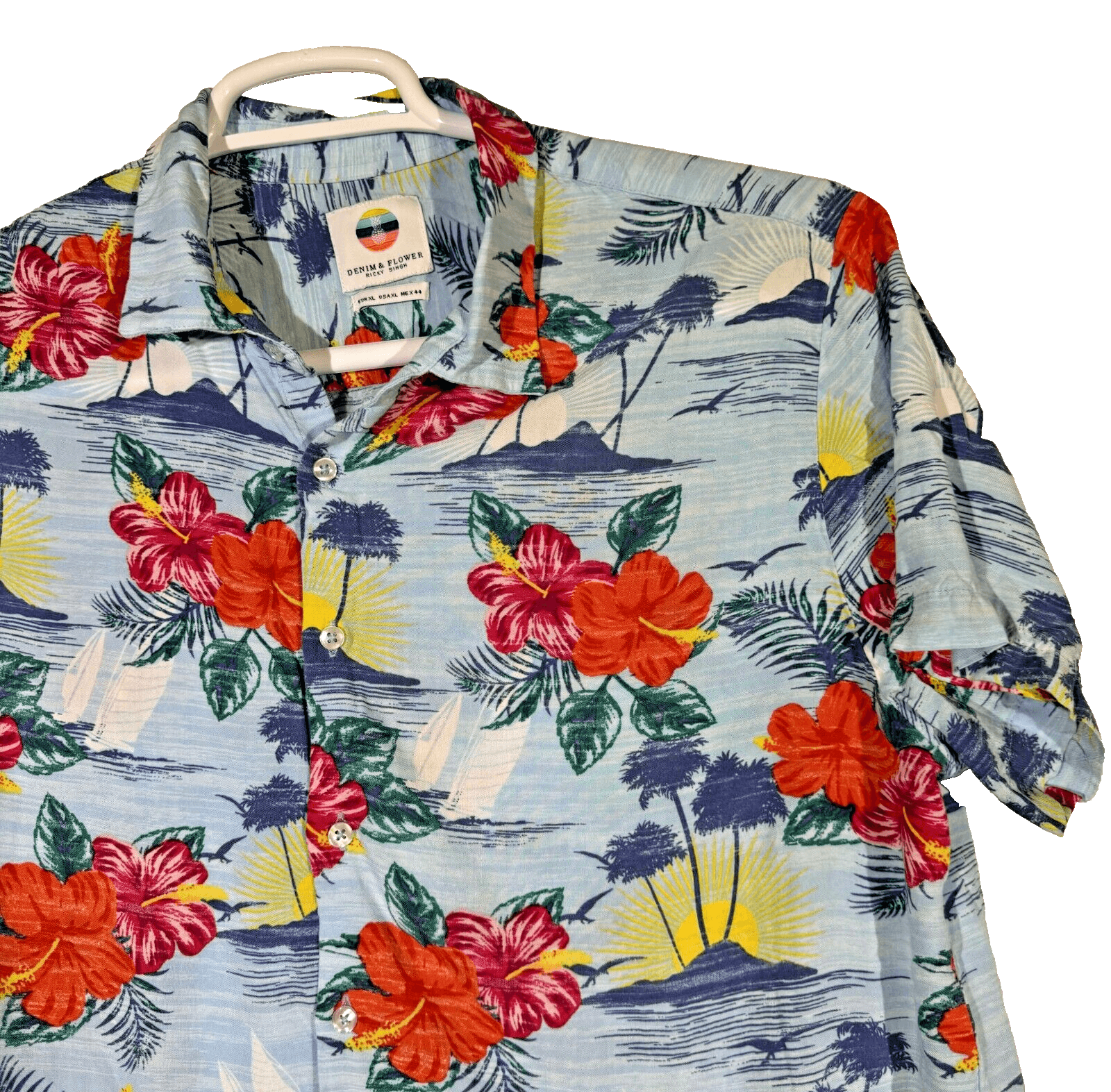 Denim & Flower Shirt Men's XL Hawaiian Multi Floral Short Sleeve Cotton Casual - Thumbnail 6