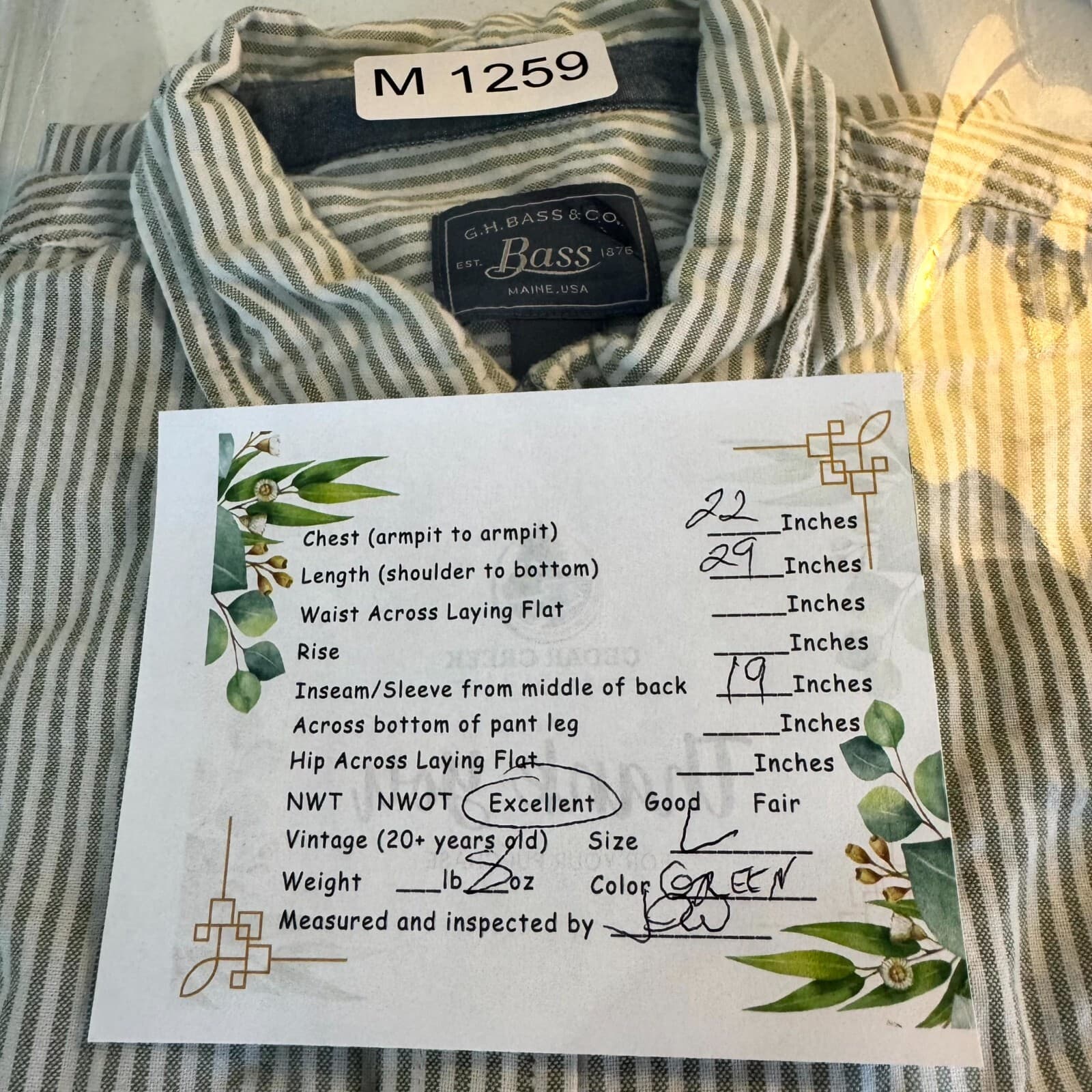 G.H. Bass & Co Shirt Men’s Large Green Striped Short Sleeve Button Down Cotton - Thumbnail 9