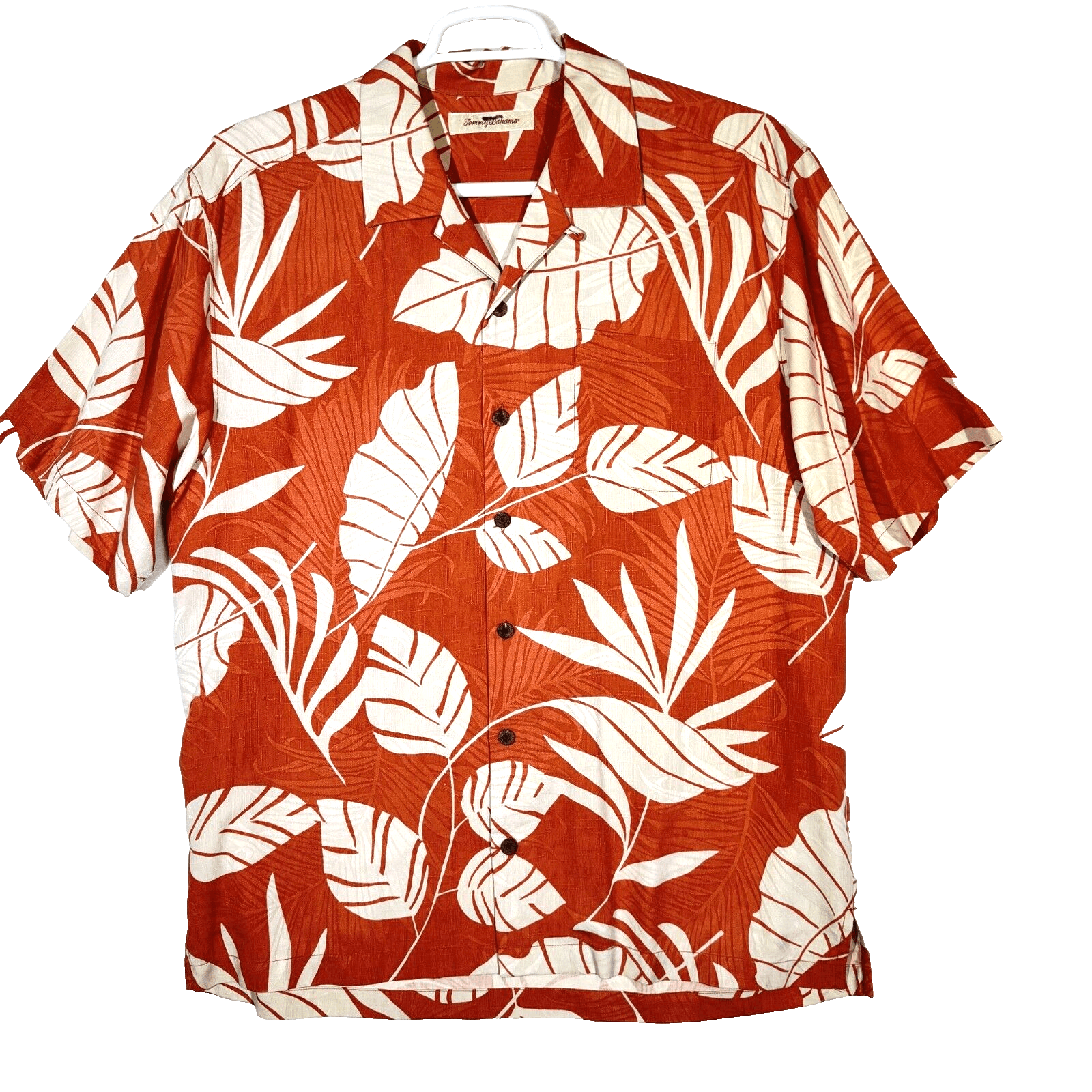Tommy Bahama Shirt Men’s Large Orange Silk Tropical Floral Print Short Sleeve - Image 1