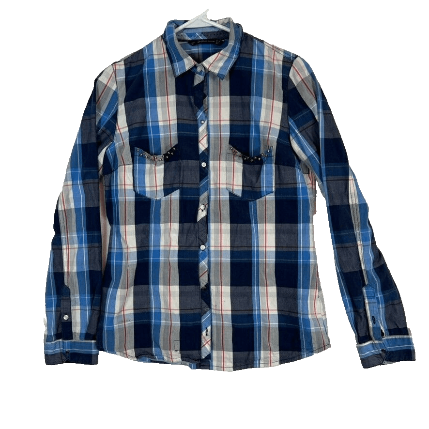 Zara Trafaluc Shirt Women's M VTG Plaid Spiked Pockets 100% Cotton Grunge W348 - Image 1