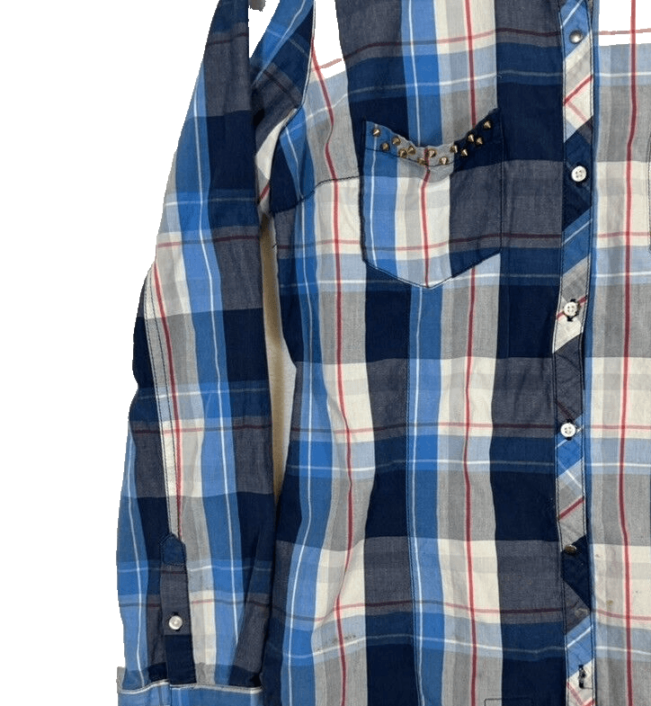 Zara Trafaluc Shirt Women's M VTG Plaid Spiked Pockets 100% Cotton Grunge W348 - Thumbnail 4