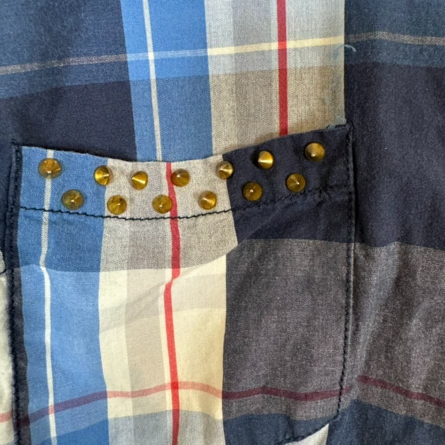 Zara Trafaluc Shirt Women's M VTG Plaid Spiked Pockets 100% Cotton Grunge W348 - Thumbnail 7