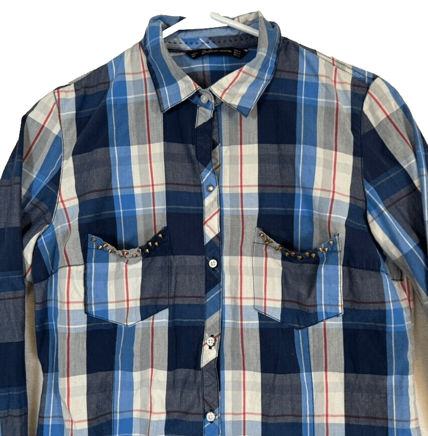 Zara Trafaluc Shirt Women's M VTG Plaid Spiked Pockets 100% Cotton Grunge W348 - Thumbnail 5