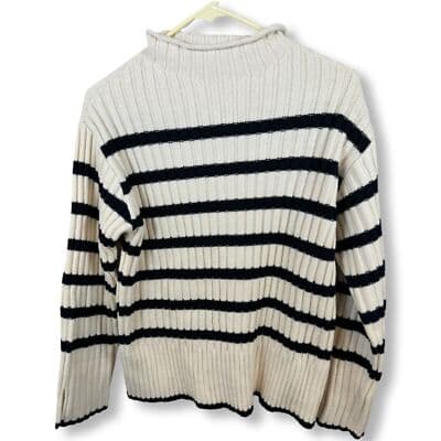 Zara Sweater Women’s S Beige Brown Striped Cowl Neck Pullover Cozy Knit W 45 - Thumbnail 2
