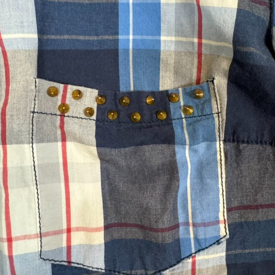 Zara Trafaluc Shirt Women's M VTG Plaid Spiked Pockets 100% Cotton Grunge W348 - Thumbnail 10