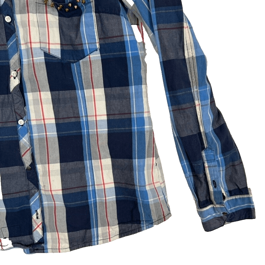 Zara Trafaluc Shirt Women's M VTG Plaid Spiked Pockets 100% Cotton Grunge W348 - Thumbnail 6