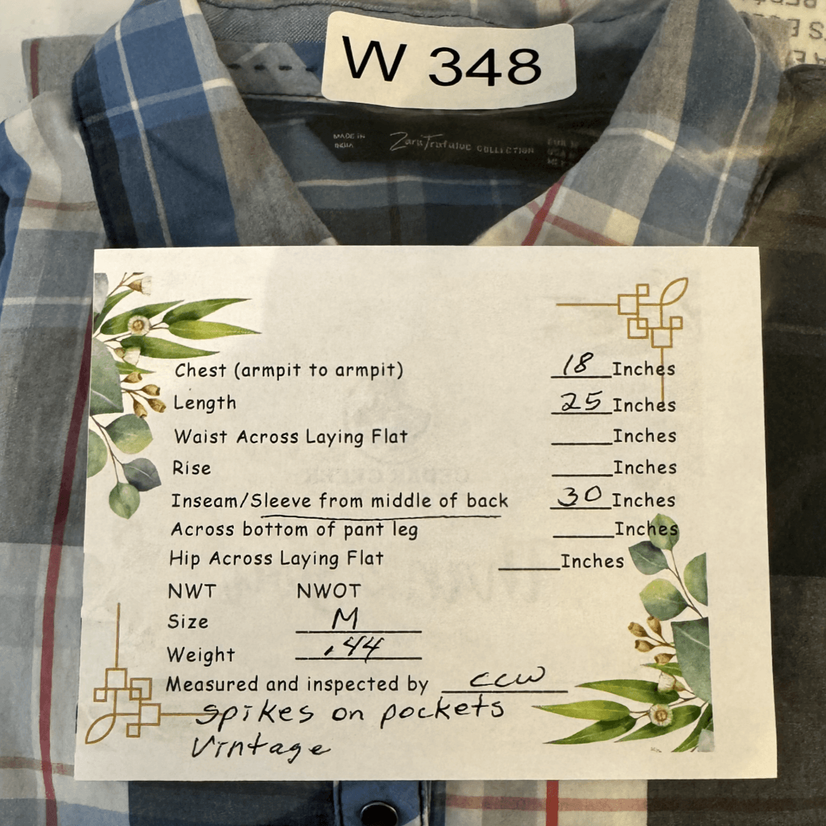 Zara Trafaluc Shirt Women's M VTG Plaid Spiked Pockets 100% Cotton Grunge W348 - Thumbnail 8