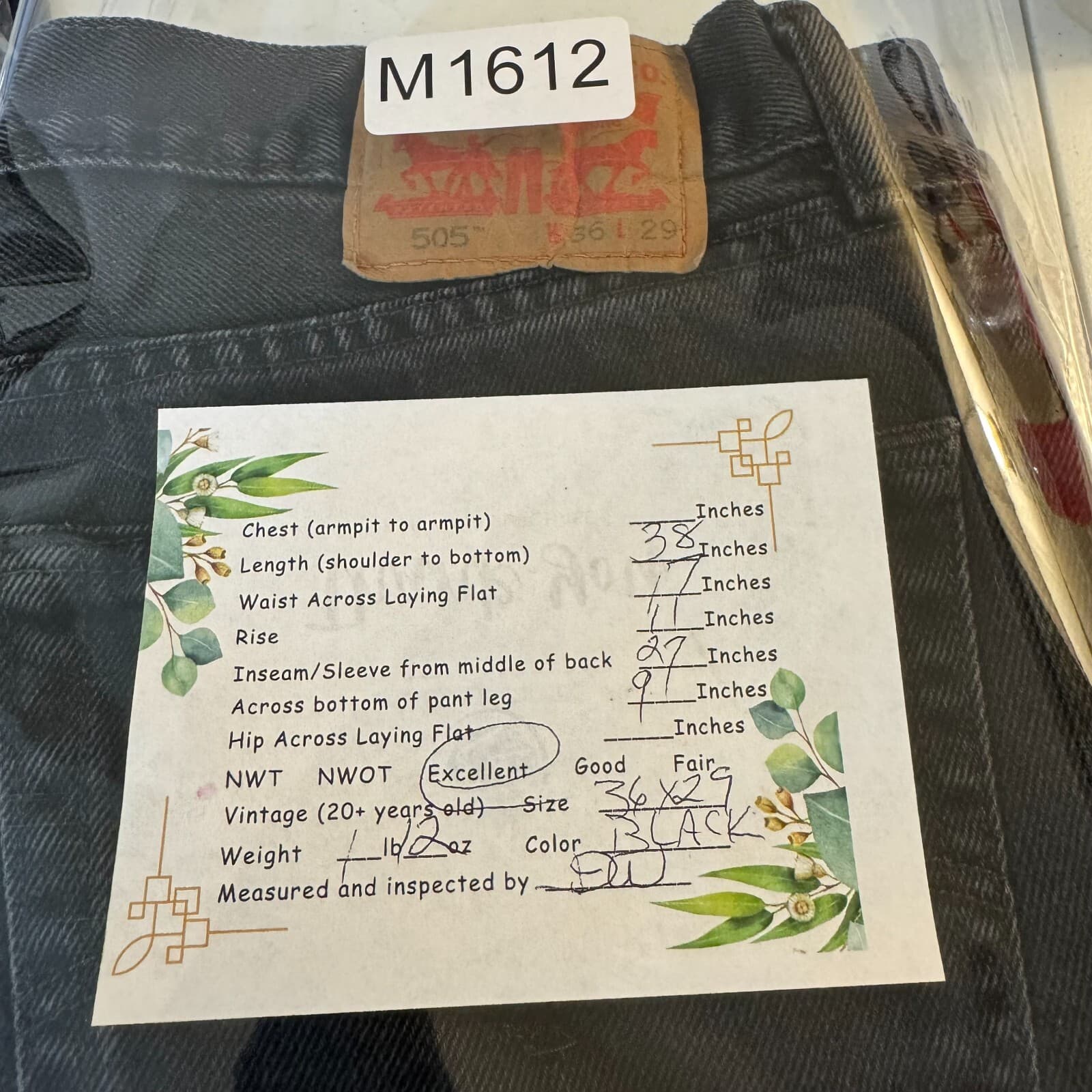 Levis 505 Jeans Mens 36x29 Black Denim Regular Fit Mid Rise Straight Leg - Thumbnail 8