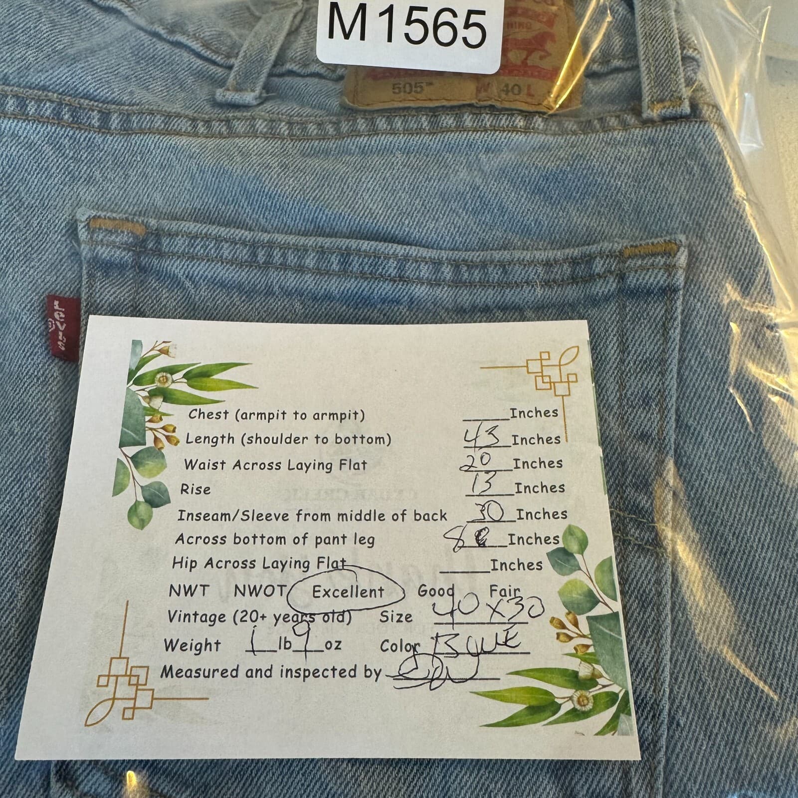 Levis 505 Jeans Mens 40x30 Regular Fit Mid Rise Blue Denim Straight Leg - Thumbnail 8