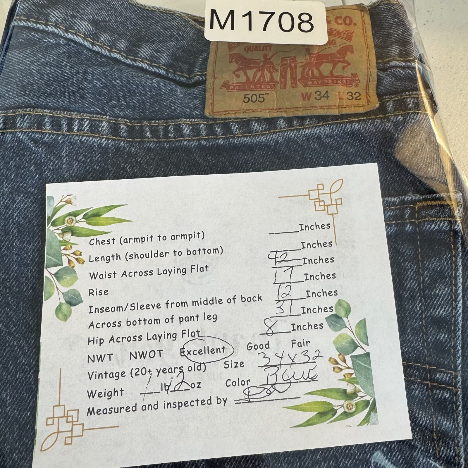 Levis 505 Jeans Mens 34x32 Regular Fit Mid Rise Blue Denim Straight Leg - Thumbnail 8