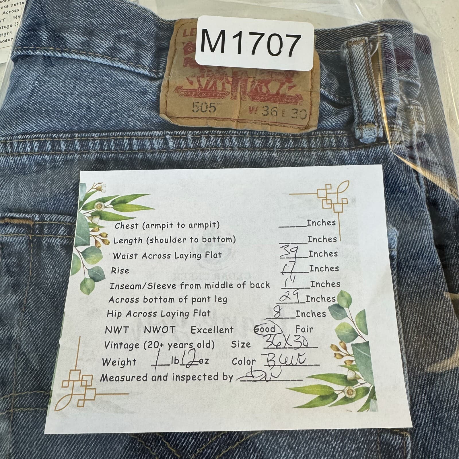 Levis 505 Jeans Mens 36x30 Regular Fit Mid Rise Blue Denim Straight Leg - Thumbnail 8