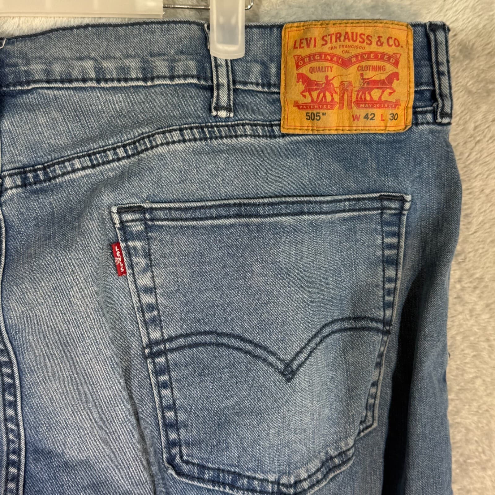 Levis 505 Jeans Mens 42x30 Regular Fit Mid Rise Blue Denim Straight Leg - Thumbnail 7