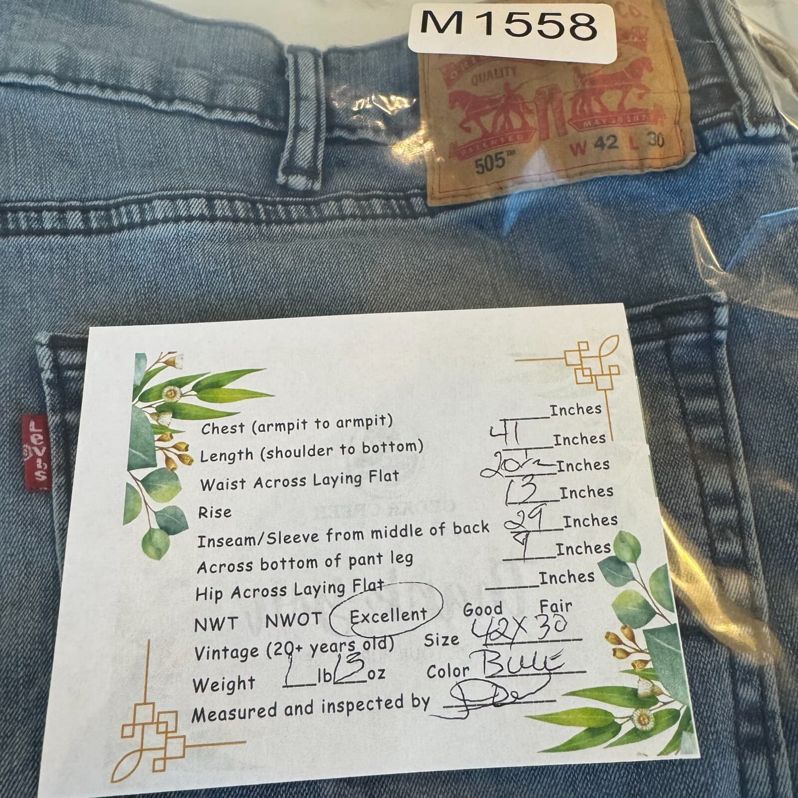 Levis 505 Jeans Mens 42x30 Regular Fit Mid Rise Blue Denim Straight Leg - Thumbnail 8