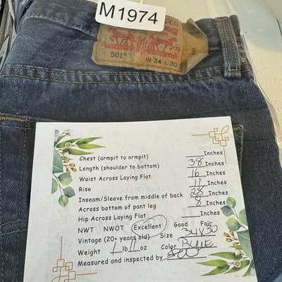 Levis 501 Jeans Mens 34x28 (34x30) Blue Wash Button Fly Straight Leg Denim - Thumbnail 8